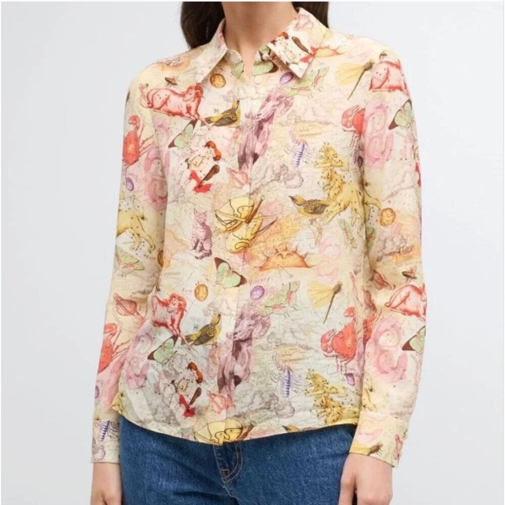 Alice + Olivia Willa Zodiac-Printed Button-Front Silk Shirt Blouse Size XS